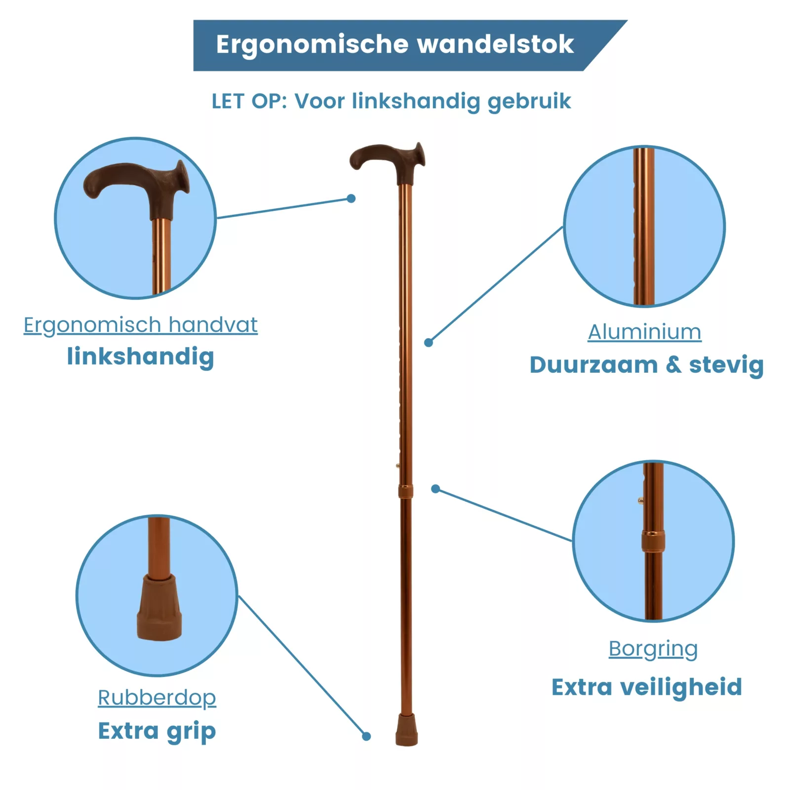 Bastone da passeggio regolabile, impugnatura ergonomica «relax-grip», color bronzo, per mancini