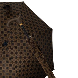 Ombrello a Bastone marrone con dettagli dorati, tessuto italiano