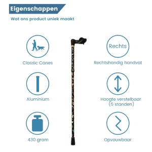 Bastone da passeggio pieghevole ergonomico nero con motivo floreale a destra – caratteristiche
