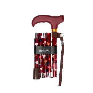 Bastone da passeggio pieghevole rosso, custodia, cinturino da polso