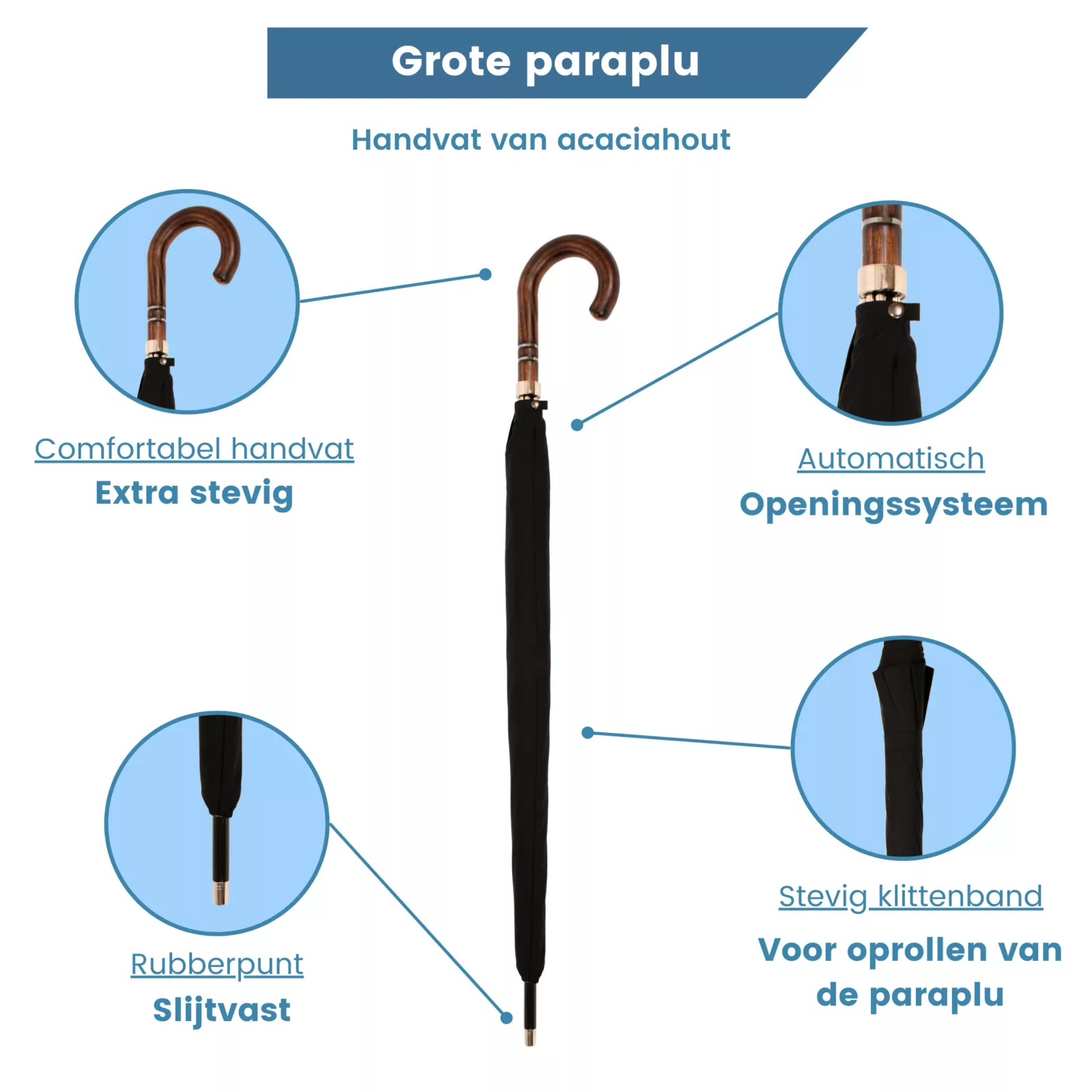 Ombrello con manico in legno di acacia, diametro 110 cm, USP