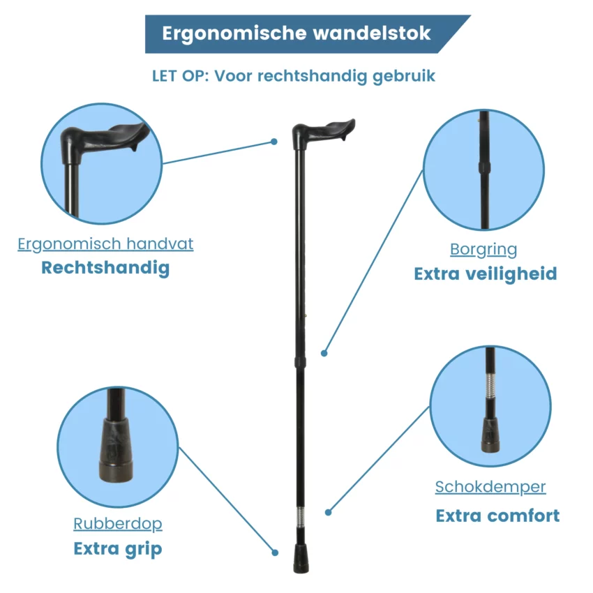 Bastone da passeggio ergonomico regolabile, nero, con ammortizzatore e impugnatura destra