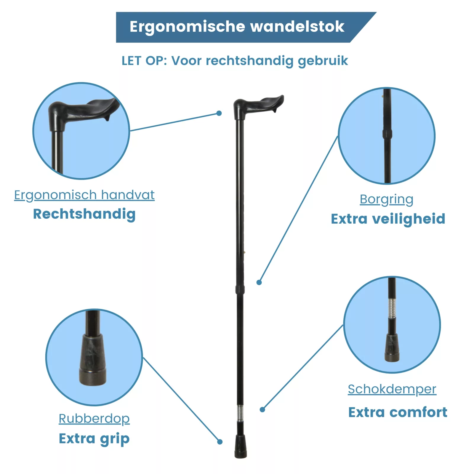 Bastone da passeggio ergonomico regolabile, nero, con ammortizzatore e impugnatura destra