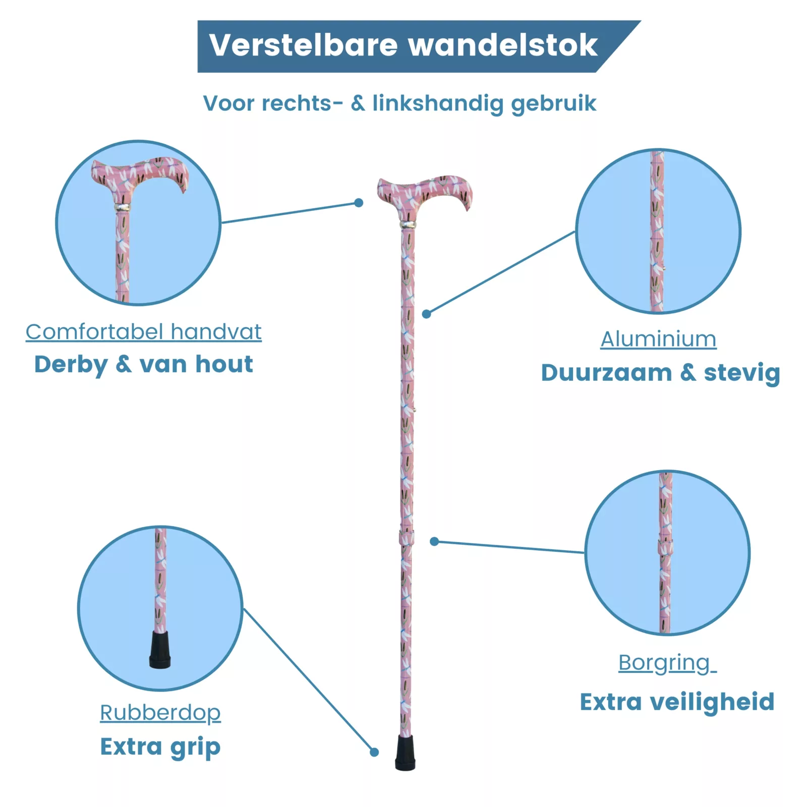 Bastone da passeggio rosa con libellula