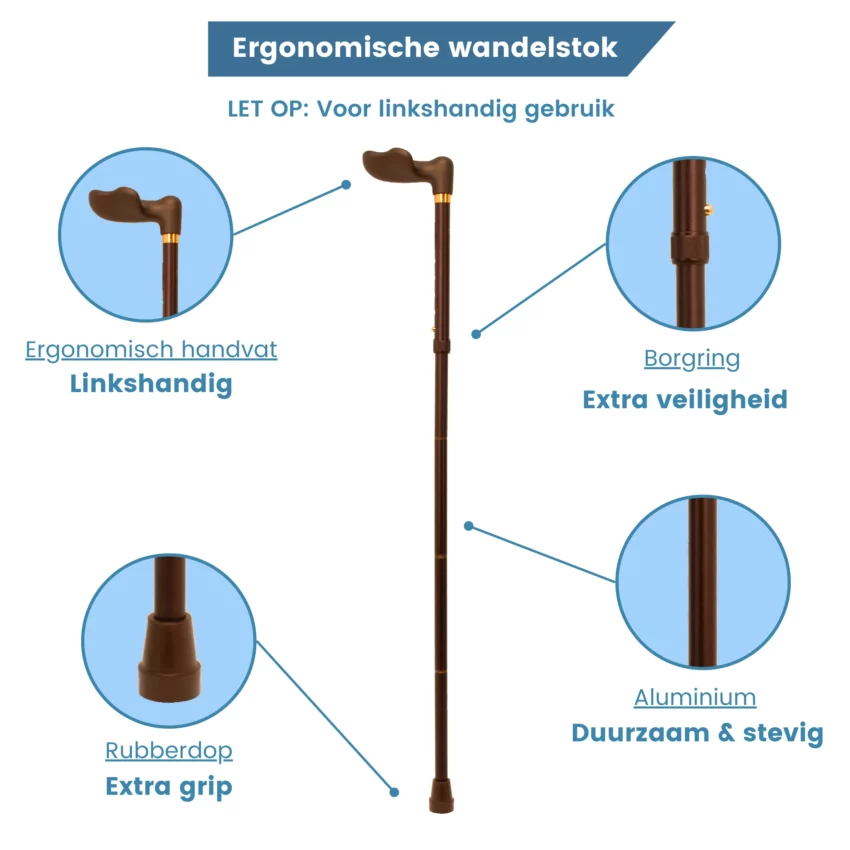 Bastone da passeggio ergonomico pieghevole, color bronzo, con impugnatura soft touch per la mano sinistra