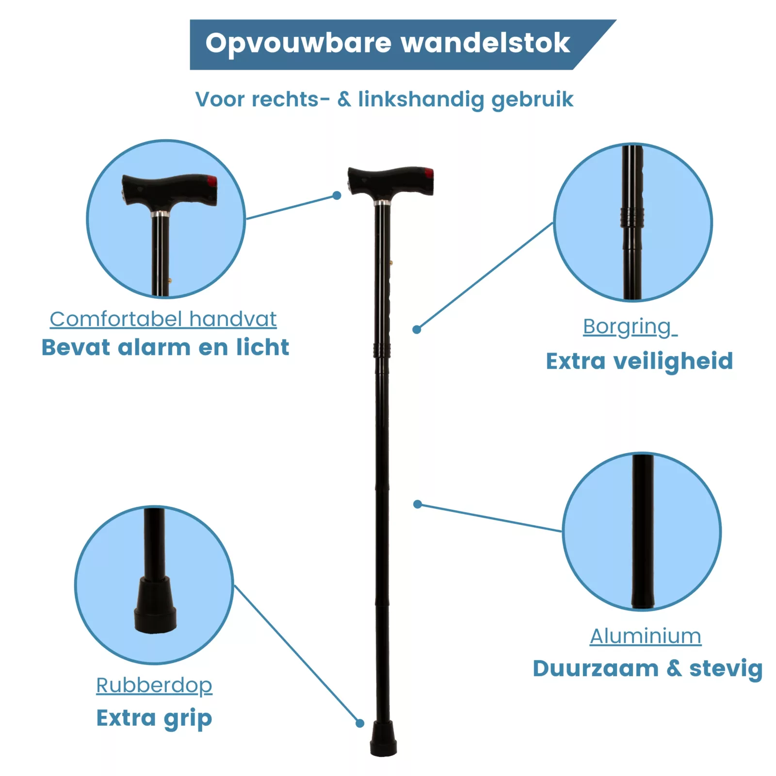 Bastone pieghevole con allarme e luce USB